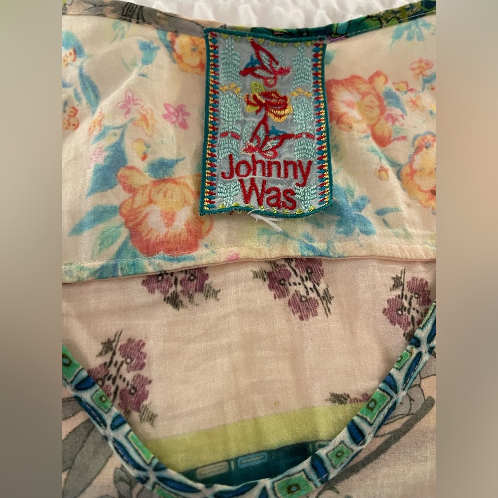 JOHNNY WAS Cupra Floral Short Sleeve Patchwork Boho Cotton Tunic Blouse - Picture 3 of 7